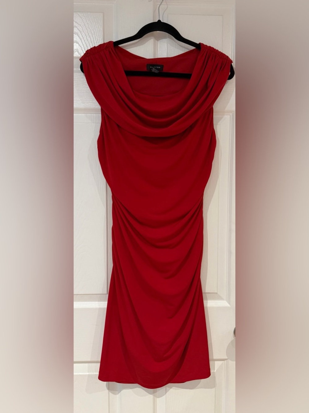 Red Spense Sleeveless Red Jersey Dress Draped Cowl Neckline Ruched Bodycon Sz 12